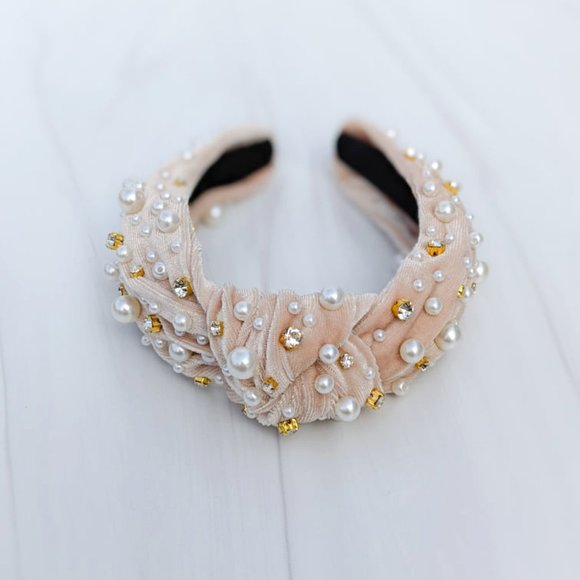 Champagne Pearl Knot Velvet Headband Pearl Beads Handmade Knotted Turban Bridal main image 8